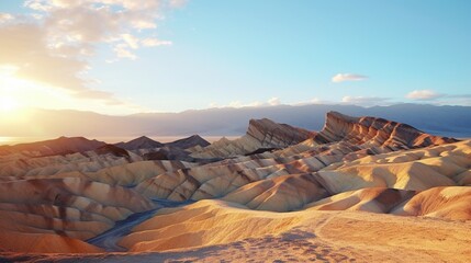 Sunset over Zabriskie Point's natural rock formations in Death Valley National Park, California, USA