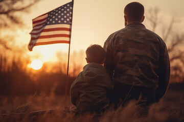 soldier and son in front of American flag - Powered by Adobe