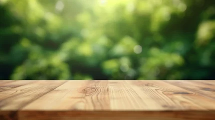 Foto op Plexiglas Table top made of empty wood with a blurred abstract green background from a house and garden. For product showcase montage © juni studio