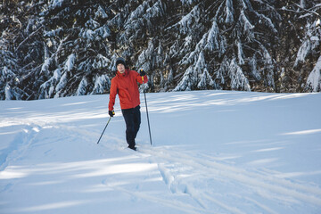 Young adult cross-country skier aged 20-25 making his own track in deep snow in the wilderness...
