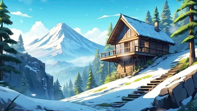 Winter scenery snow landscape log cabin with mountain background 4K seamless animation