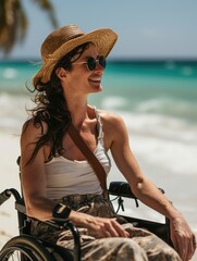 Smiling disabled woman in a wheelchair on white sand beach spending time in a sunny day - obrazy, fototapety, plakaty