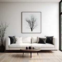 Scandinavian minimalism A white modern sofa in a room with black accents