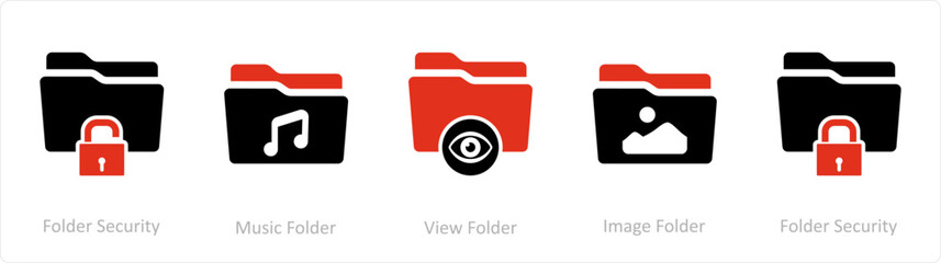 A set of 5 Document icons as folder security, music folder, view folder