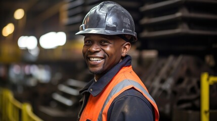 Portrait of an African American worker smiling at the camera wear safety vest and hardhat, iron and steel factory background