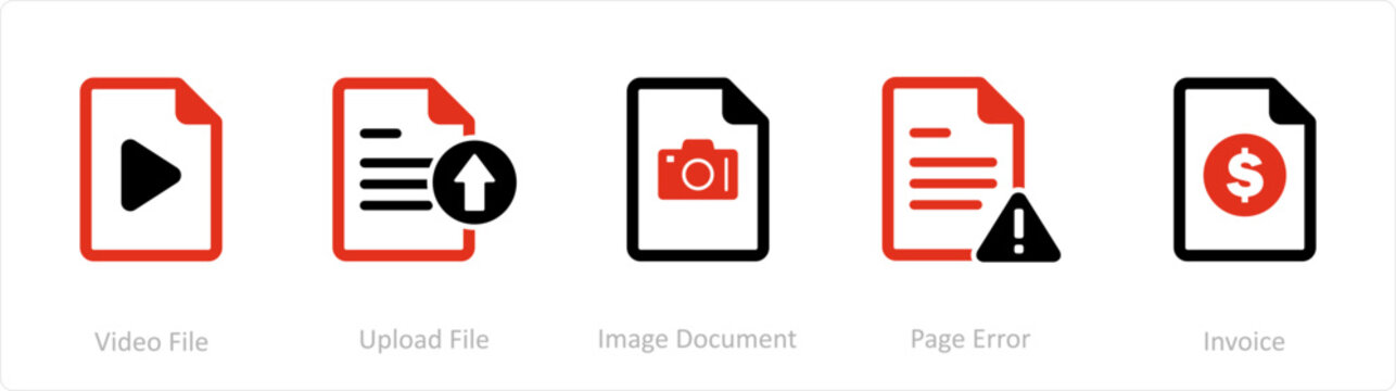 A set of 5 Document icons as video file, upload file, image document