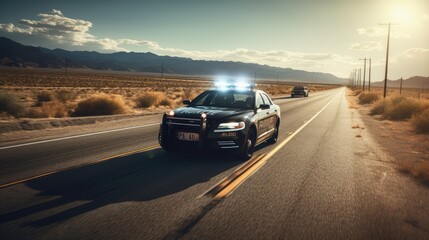 Police car on the road, AI generated Image - obrazy, fototapety, plakaty