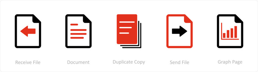 A set of 5 Document icons as receive file, document, duplicate copy - obrazy, fototapety, plakaty