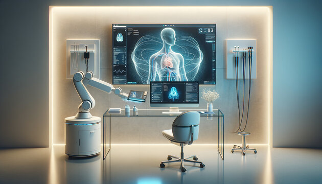 Advanced AI Medical Diagnosis: Futuristic doctors office with robotic arm and 3D organ rendering.