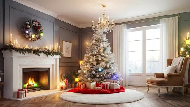 Fantasy living room at christmas eve with christmas tree and fireplace