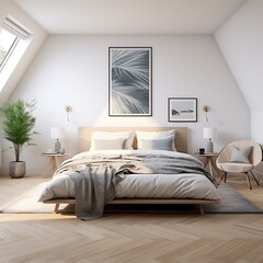 Scandinavian modern bedroom with a white bed and minimalistic design