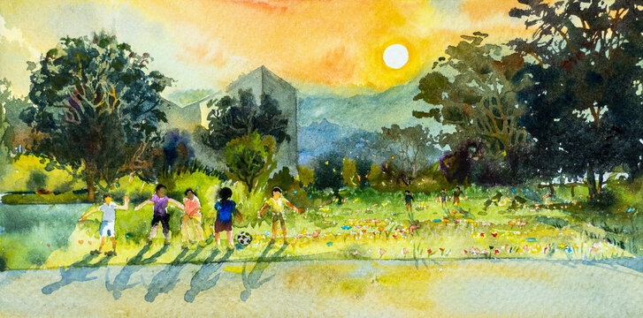 Football activities for young boys in lawn public park. Watercolor landscape original painting.