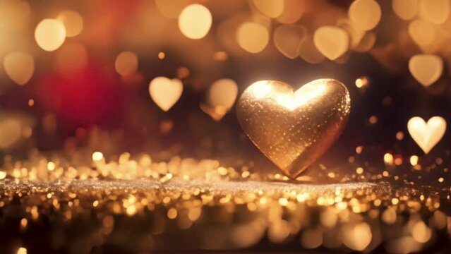 Animatiom golden heart shape with gold and red sparkling particles for decoration Valentines Day background.