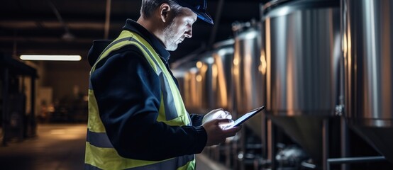 workers monitor the production of distillation machines via tablets