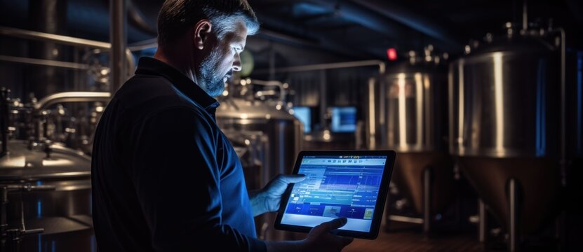 workers monitor the production of distillation machines via tablets