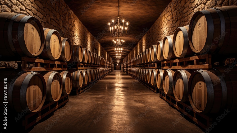 Poster wine cellar with a row of oak barrels