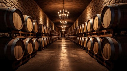 Wine cellar with a row of oak barrels