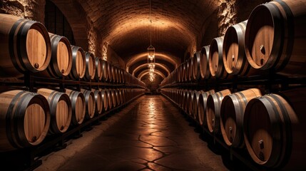 Wine cellar with a row of oak barrels