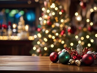 Blank white wooden table top with abstract warm living room decor with Christmas tree series blurry background