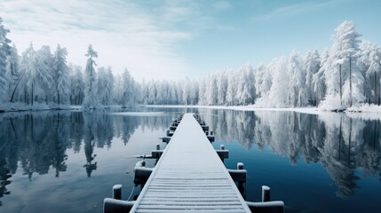 Winter forest with lake and wooden pier