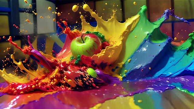 An image of a large blob of exploding rainbow paint with an apple emerging.
