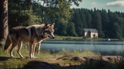 Wolf near the house by the lake
