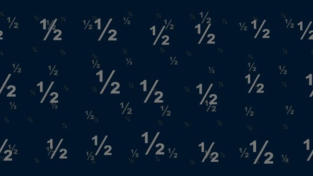 Half fraction symbols float horizontally from left to right. Parallax fly effect. Floating symbols are located randomly. Seamless looped 4k animation on dark blue background