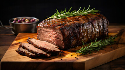 Roasted beef brisket with rosemary on wooden board