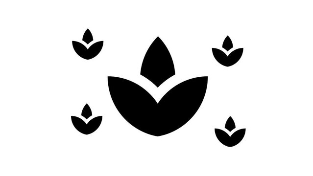 Zoom in and out animation the water lily symbol. Large black symbol in the center and four small symbols around. Seamless looped 4k animation on white background