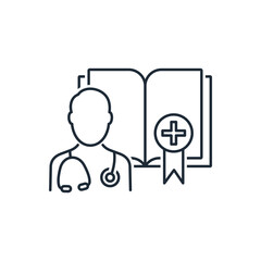 Book and doctor. Scientific medical work, article.  Vector linear icon illustration isolated on white background.