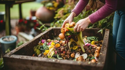 Woman composting food waste in backyard compost bin garden