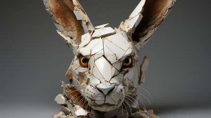 Rabbit in kintsugi style. An animal sculpture made from broken fragments.