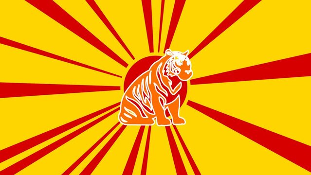 Sitting tiger symbol on the background of animation from moving rays of the sun. Large orange symbol increases slightly. Seamless looped 4k animation on yellow background