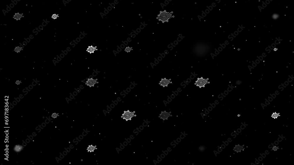 Poster template animation of evenly spaced digital tech symbols of different sizes and opacity. animation o