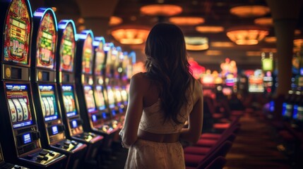Woman in casino in background slot machines