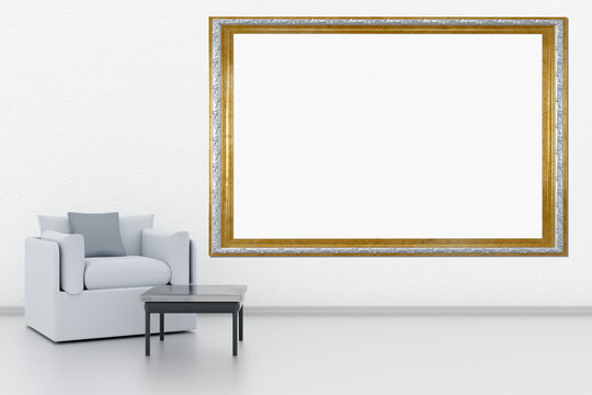 Cornici, quadri vuoti in mostra su muro bianco. Una cornice con spazio vuoto per inserimento di testo o immagini. Ambientato in salotto. Cornice in argento e oro.