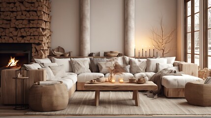 Scandinavian rustic living room with wooden accents and cozy textiles