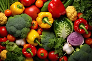 Colorful Array of Fresh Vegetables - Red Tomatoes, Orange Carrots, Green Broccoli, Yellow Peppers
