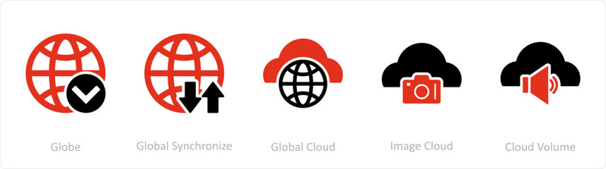A set of 5 Internet icons as globe, global synchronize, global cloud, image cloud