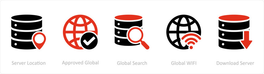 A set of 5 Internet icons as server location, approved global, global search