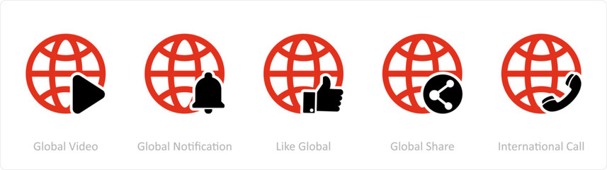 A set of 5 Internet icons as global video, global notification, like global