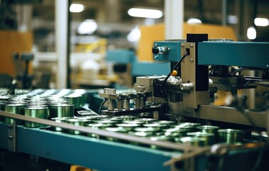 Obraz premium Cans for drink process in factory line on conveyor belt machine at beverage manufacturing