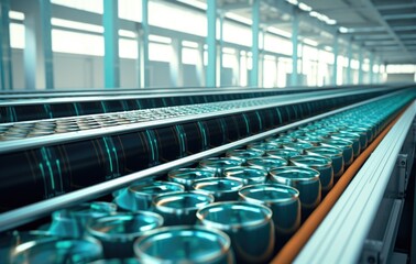Obraz premium Cans for drink process in factory line on conveyor belt machine at beverage manufacturing