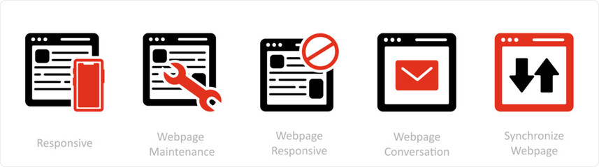 A set of 5 Internet icons as responsive, webpage maintenance, webpage prohibited