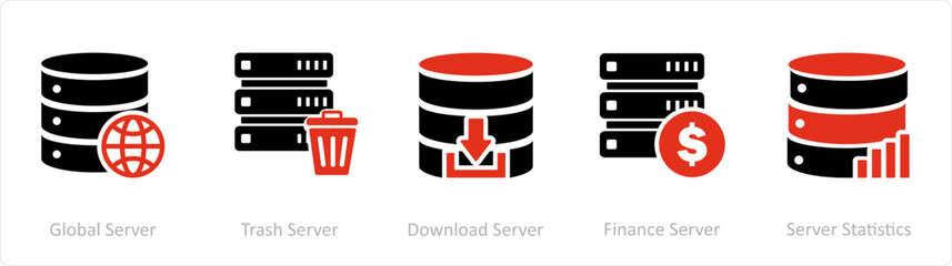 A set of 5 Internet icons as global server, trash server, download server