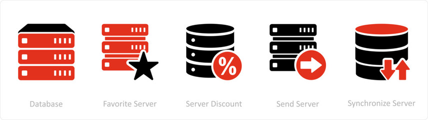 A set of 5 Internet icons as database, favorite server, server discount