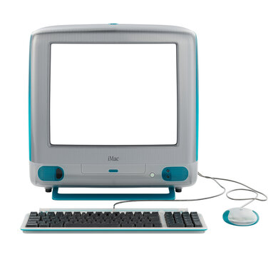 Apple iMac G3 retro Macintosh with Keyboard and Mouse Mockup - transparent PNG	