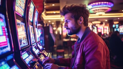 Man in a casino playing slot machine