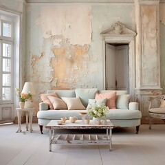 Shabby chic living room with distressed furniture and pastel colors