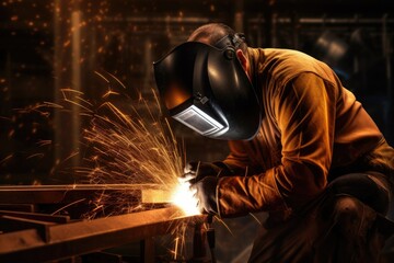 Welder is welding a pipe, bright sparks in steel construction industry